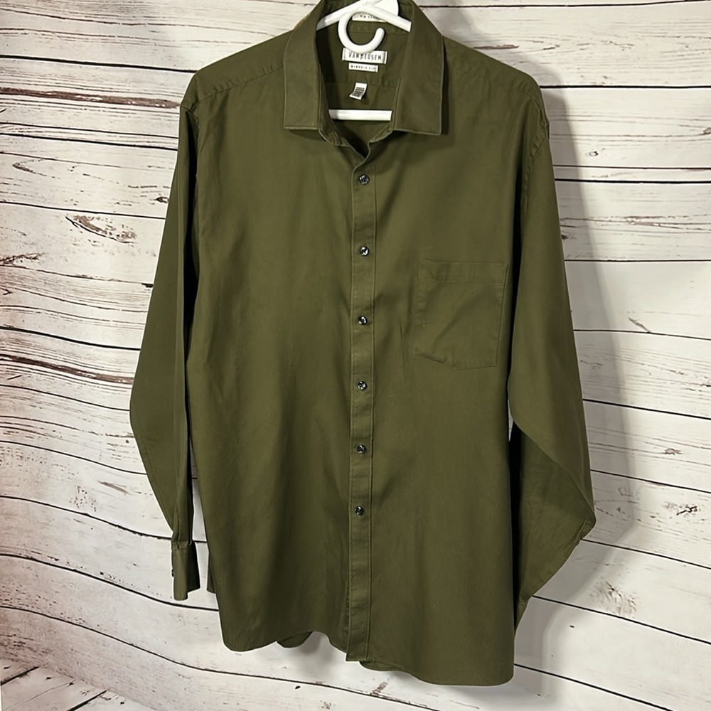 Van Heusen men’s dress shirt button down, olive green 17 1/2, 34/35